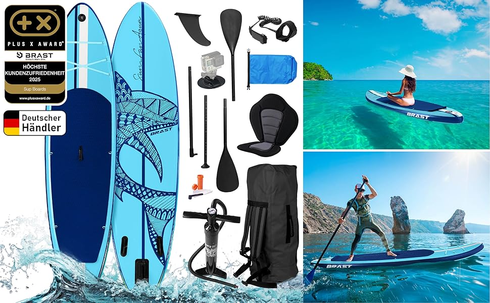 SUP Board BRAST Shark надувний, 320x81x15 см, блакитний: комплект для падлбордингу з аксесуарами (каяк-сидіння, камера, помпа, рюкзак)