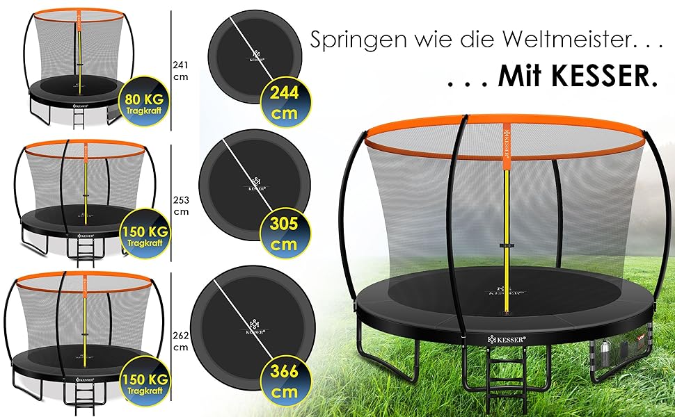 Трамплін KESSER® Ø 244/305/366/427 см | Сертифікований TÜV Rheinland GS | Дитячий та вуличний тромплін до 150 кг | Комплект з сіткою безпеки (366 см, Оранжевий / Антрацит)