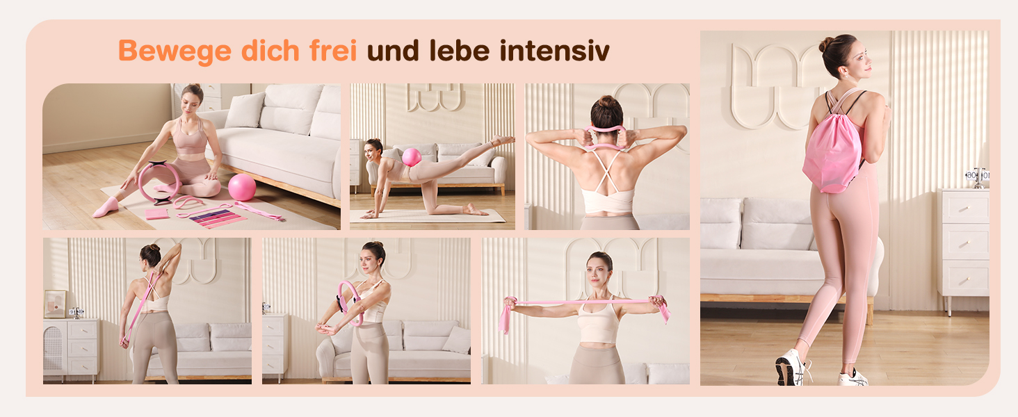 Набір для пілатесу 13 шт. для дому: кільце 13', м'яч 10' та еластичні стрічки. Комплект обладнання для пілатесу для жінок, початківців. Пілатес-стрічки та аксесуари (рожевий)
