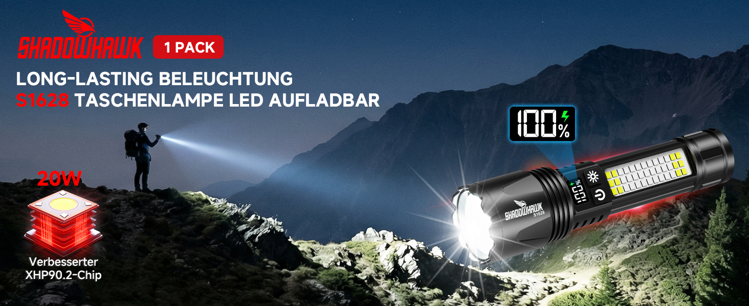 Ліхтарик тактичний Shadowhawk LED акумуляторний з USB-C/A, 7 режимів, COB, магніт, LCD-дисплей - чорний