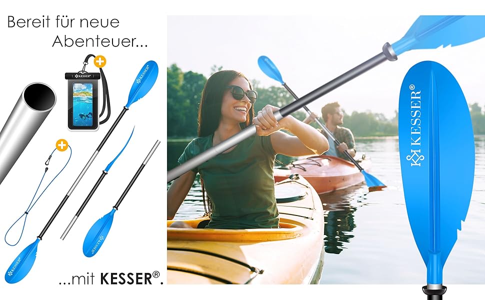 Весло KESSER® Paddle з подвійним лезом - 4 частини для каяка, SUP, стінд-ап паділбордингу, 228 см, алюміній. Включає страхувальну мотузку, чохол для телефону, дошка для серфінгу.