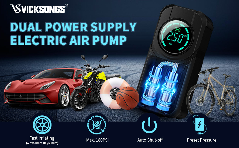 Електрична велосипедна помпа VICKSONGS 7200mAh, компресор 180 PSI, портативний, акумуляторна, для авто, мотоцикла, велосипеда, баскетбольних м'ячів