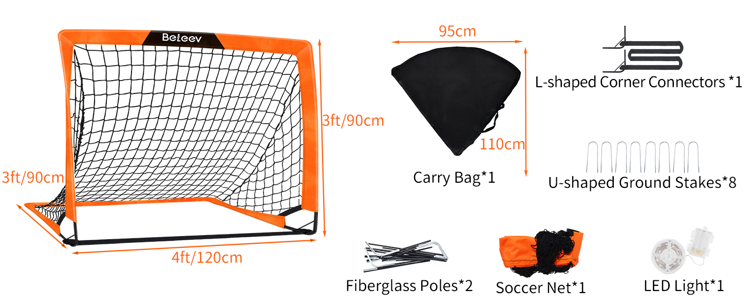 Дитячі футбольні ворота BELEEV для саду та ігор у приміщенні, 4x3/6x4 ft, з LED-підсвічуванням, портативні, складані, з сумкою для перенесення, 120*90 см (2 шт.)