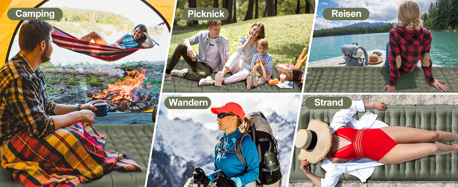 Isomatte Camping Саморозкладаючася, 12 см, Товста Надувна Матрац для Туризму, Водонепроникна Матрац з Ніжкою-Накачувачем та Подушкою, Анти-Тріпстоп Спальник для Піших Походів та Пляжу, Оливковий (Армійний)