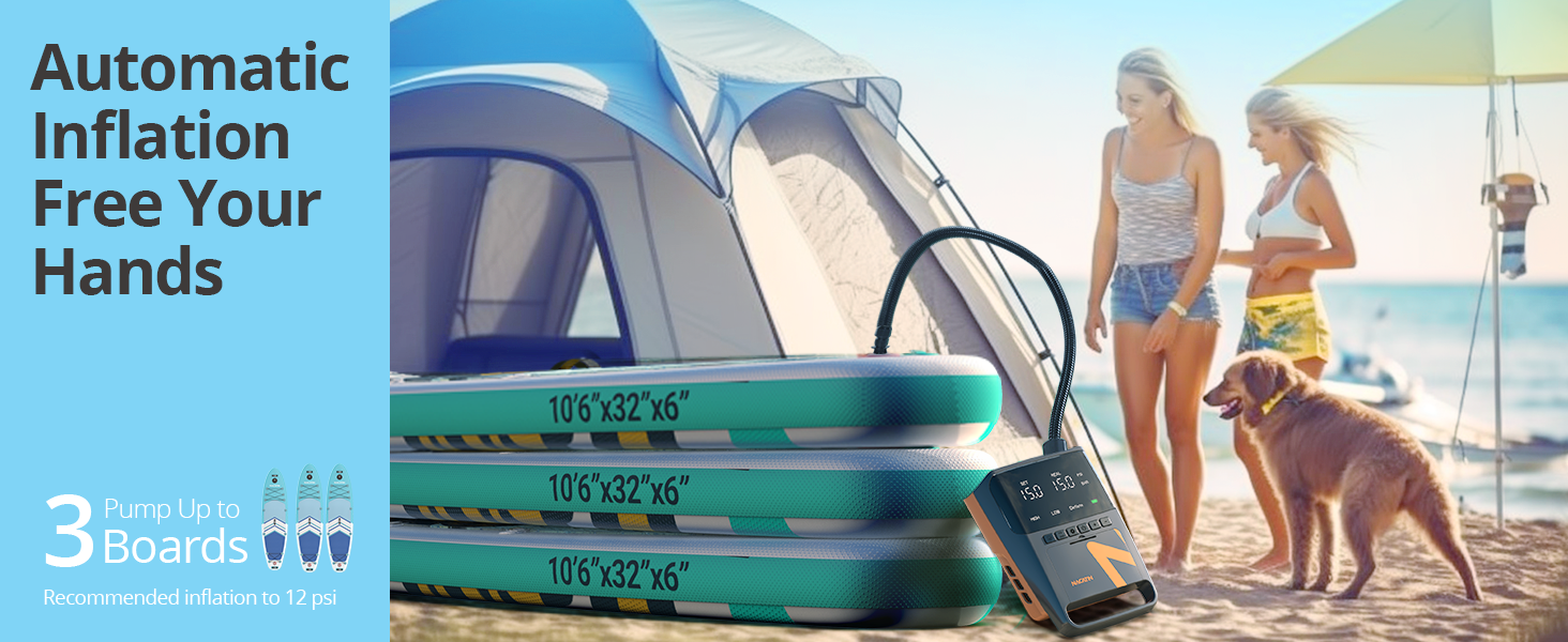 Електрична повітряна насос NACATIN для SUP дошок з акумулятором, 16 PSI, подвійний етап надування та здування, автоматичне вимкнення