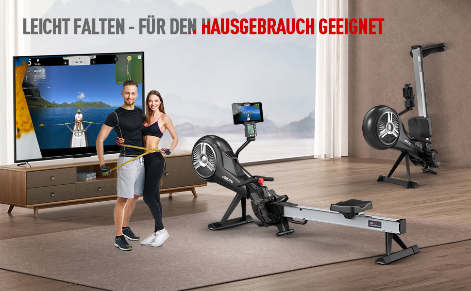 Гребний тренажер JOROTO з подвійним опором (повітряним та магнітним), тихий, складаний, з підтримкою Bluetooth, максимальне навантаження 150 кг, чорний
