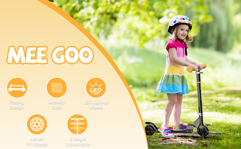 MEE GOO Роликовий самокат для дітей з алюмінію, складний, 3 регульовані висоти, LED колеса, чорний