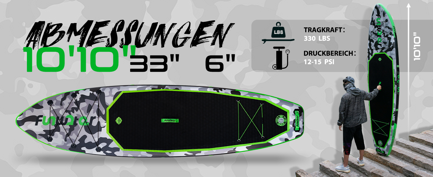 Надувний SUP Борд FunWater 10' Tarnserie: Комплект для веслування, з насосом, веслом та аксесуарами. Підходить для початківців та сімей