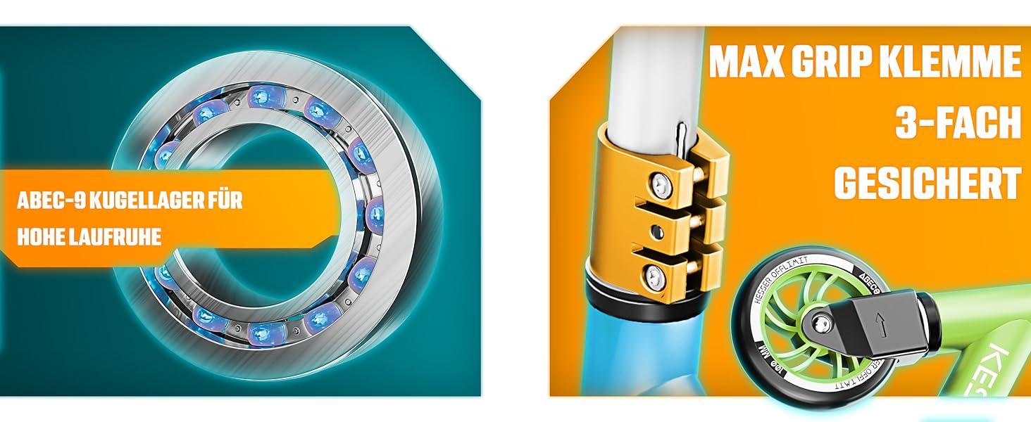 KESSER® Станкер Скутер X-Limit-Pro 360° - професійний для дітей та дорослих, ABEC 9, 110мм PU колеса, чорний/золотий