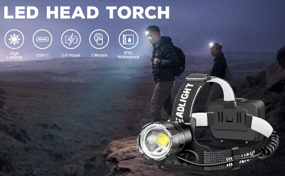 LED налобний ліхтар WholeFire 15000 Lumen XHP70, 3 режими, водонепроникний IP65, USB, для кемпінгу, їзди на коні, бігу, риболовлі, ремонту авто