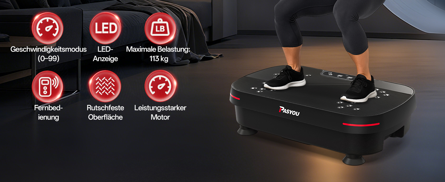 PASYOU Вібраційна платформа для тренувань всього тіла з пультом дистанційного керування та еластичним гумкою, 0-99 інтенсивність