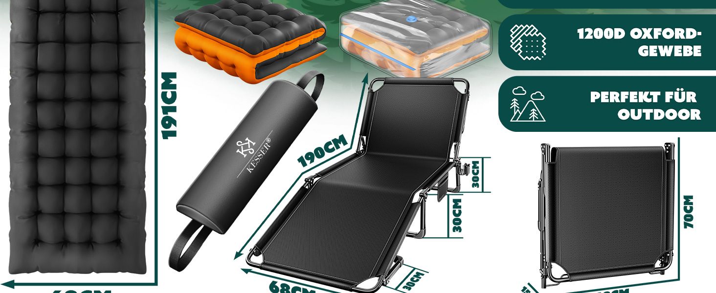 Кемпінгове ліжко KESSER® складне з сумкою, подушкою, кишенею та тримачем для напоїв, 190 x 68 x 30 см, до 250 кг, з оксфордської тканини та сталевим каркасом, для саду та кемпінгу, антрацит/сірий