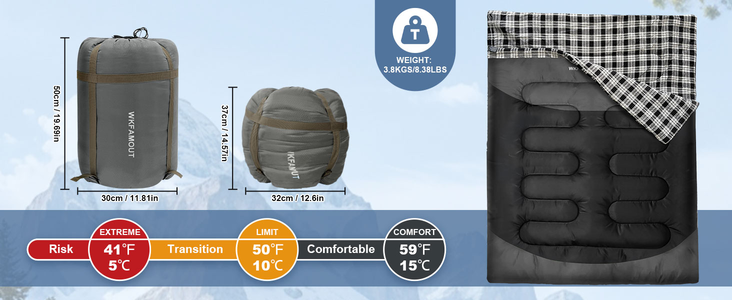 Спальний мішок для двох дорослих, ковдровий, водонепроникний, флісовий, 220x150 см, сірий, з сумкою для зберігання