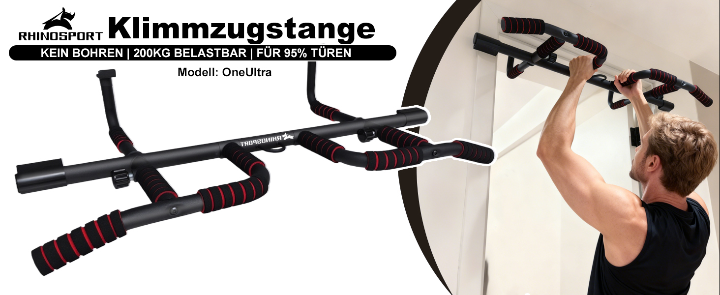 RHINOSPORT Турнік для дверного прорізу – турнік для підтягувань на двері з багатохватним грифом – без свердління, нековзке покриття до 200 кг (440 фунтів) – для дверей 65-92 см