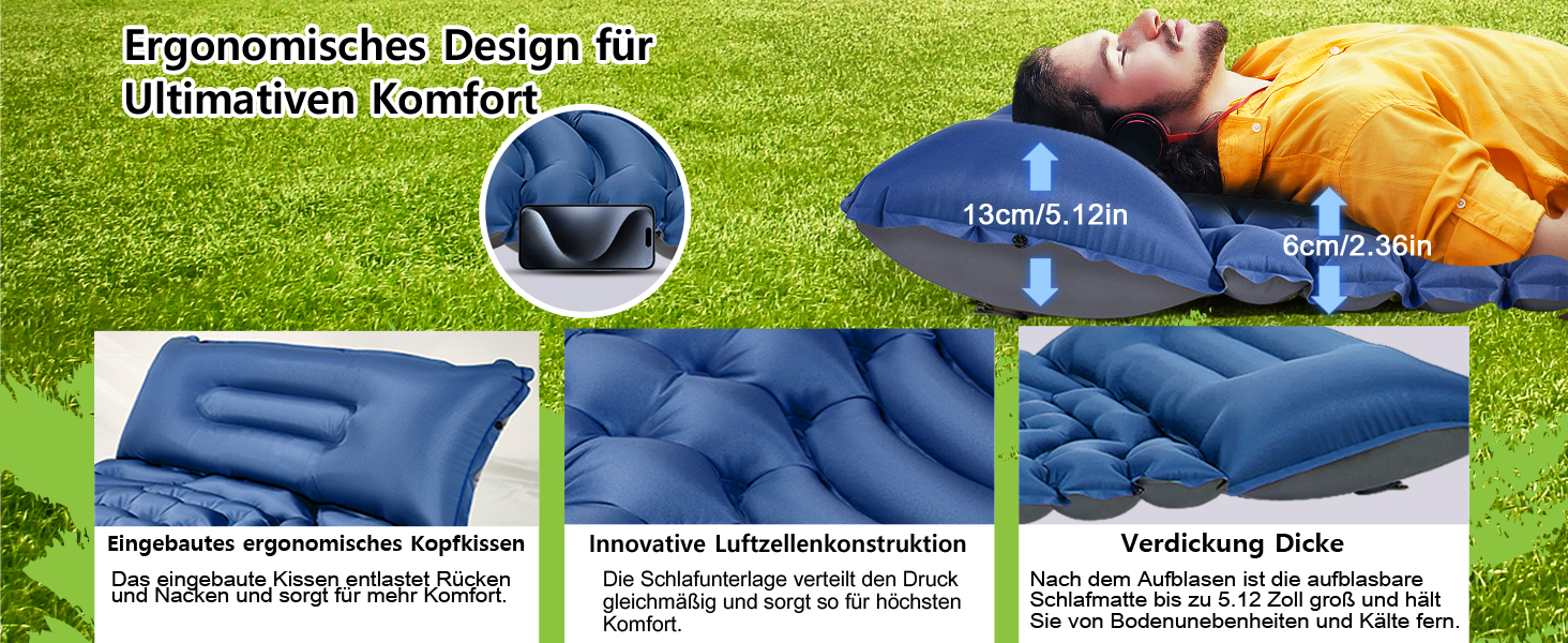 Килимок для кемпінгу MEIJO Isomatte самонадувний, ультралегкий з насосом, товстий для відпочинку на природі, намету, пляжу, блакитний & сірий