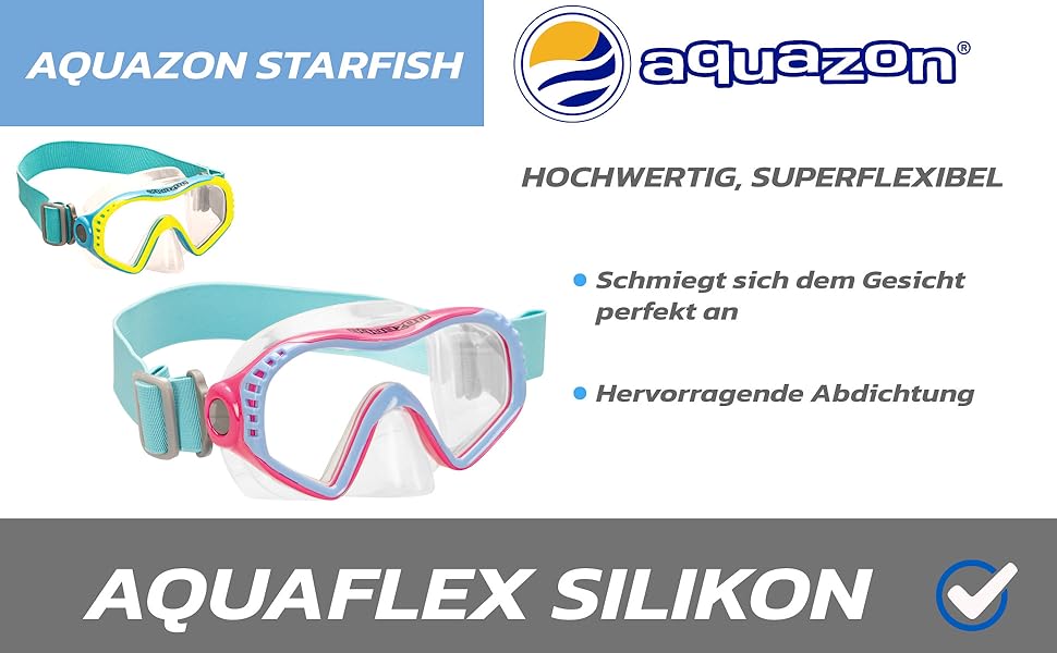 Окуляри для дайвінгу AQUAZON Starfish - інноваційна текстильна пов'язка на голову, екстра зручна, дитяча 7-12 років, окуляри для плавання з чітким зором через загартоване скло синьо-жовті Junior