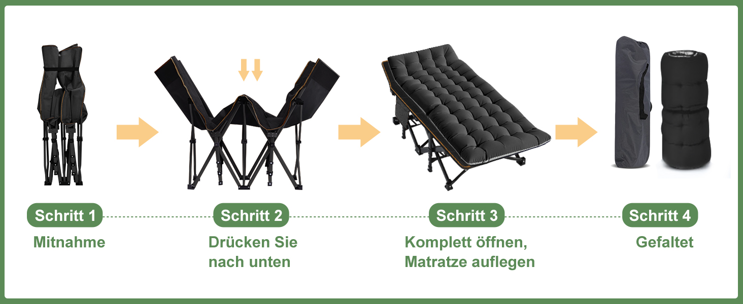Велике розкладне ліжко з матрацом – 198x81x46 см, 400 кг, сталевий каркас, оксфордська тканина, для дорослих, сад, подорожі (XXL Чорний)