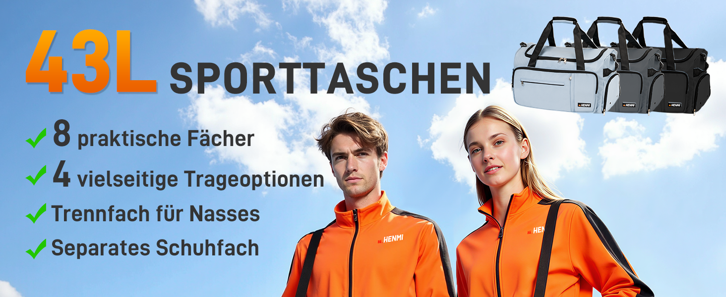 Спортивна сумка HENMI для залу та подорожей, містка сумка для спорту 43Л з відділенням для взуття та вологих речей, складана дорожня сумка (Синя)
