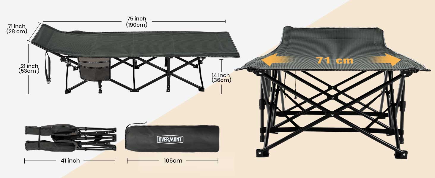 Розкладне ліжко OVERMONT для кемпінгу з матрацом, 190x71x36 см, до 250 кг, Oxford 2400D, чорний/сірий