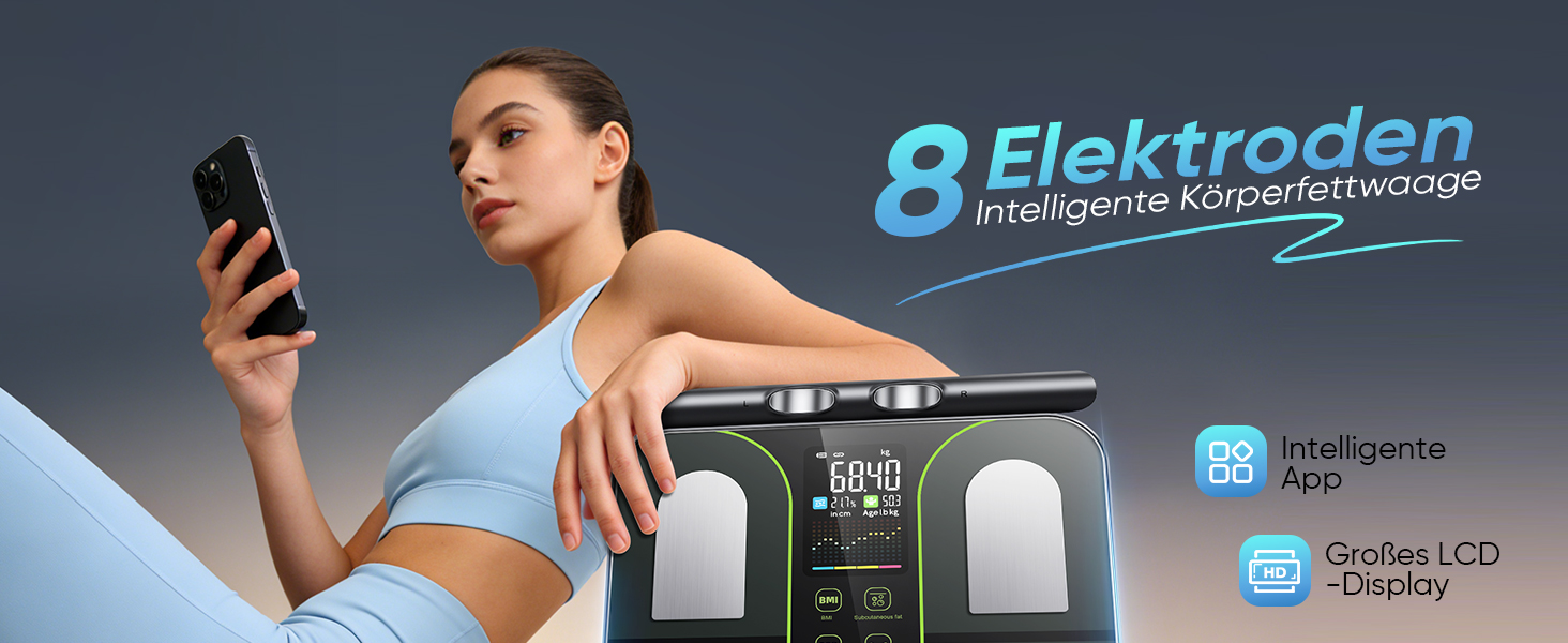 Вага для вимірювання жиру тіла з 8 електродами, персональна вага з Bluetooth, аналіз складу тіла, дисплей, 180 кг, BMI, протеїн, BMR, чорно-зелений
