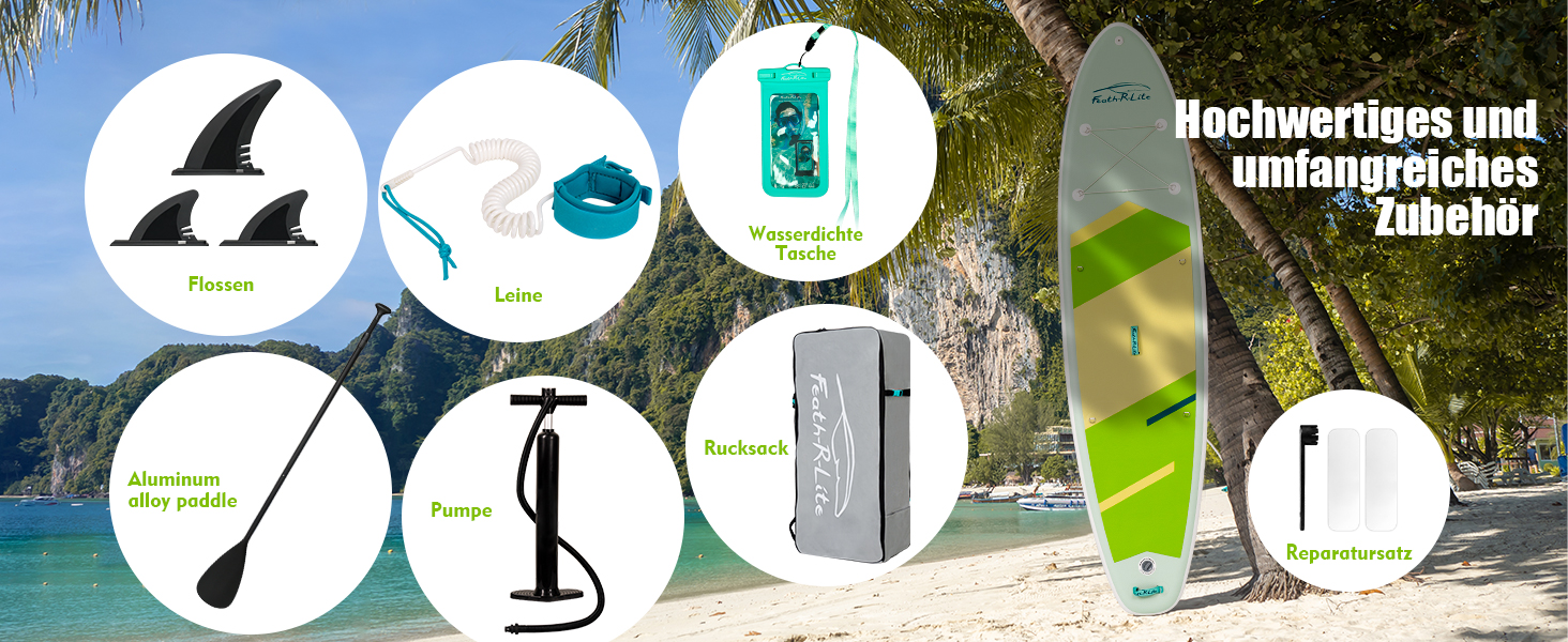Надувний SUP Paddleboard FunWater для дорослих. Комплект: весло, насос, рюкзак, лінія. Зелено-білий колір