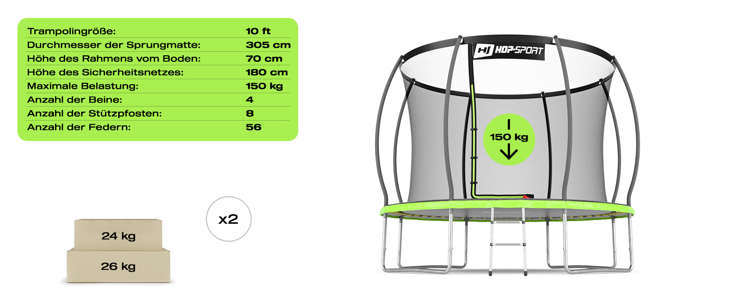 Трамплін Hop-Sport Outdoor - діаметр 244/305/366/427/488 см. З безпечним внутрішнім сіткою, вигнутими стійками та сертифікатами безпеки. Комплект з драбиною та захисним бордюром (305 см)