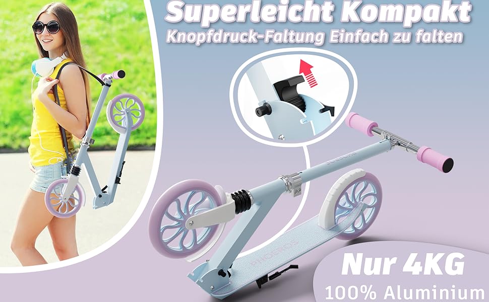 Дитячий трюковий самокат PHOEROS для дітей 6-12 років, підлітків та дорослих. Легкий міський самокат з алюмінію з великими колесами 200 мм, складний, 3-рівнева регулювання висоти, амортизація. (Blue)