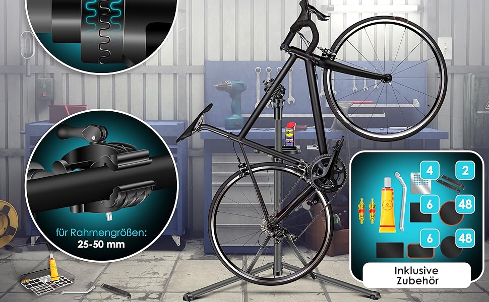 Підставка для велосипедів KESSER® Profi Alu: для ремонту та збирання гірських, електровелосипедів. 360° обертання, сумка, ремкомплект, магнітний органайзер для інструментів (антрацит)