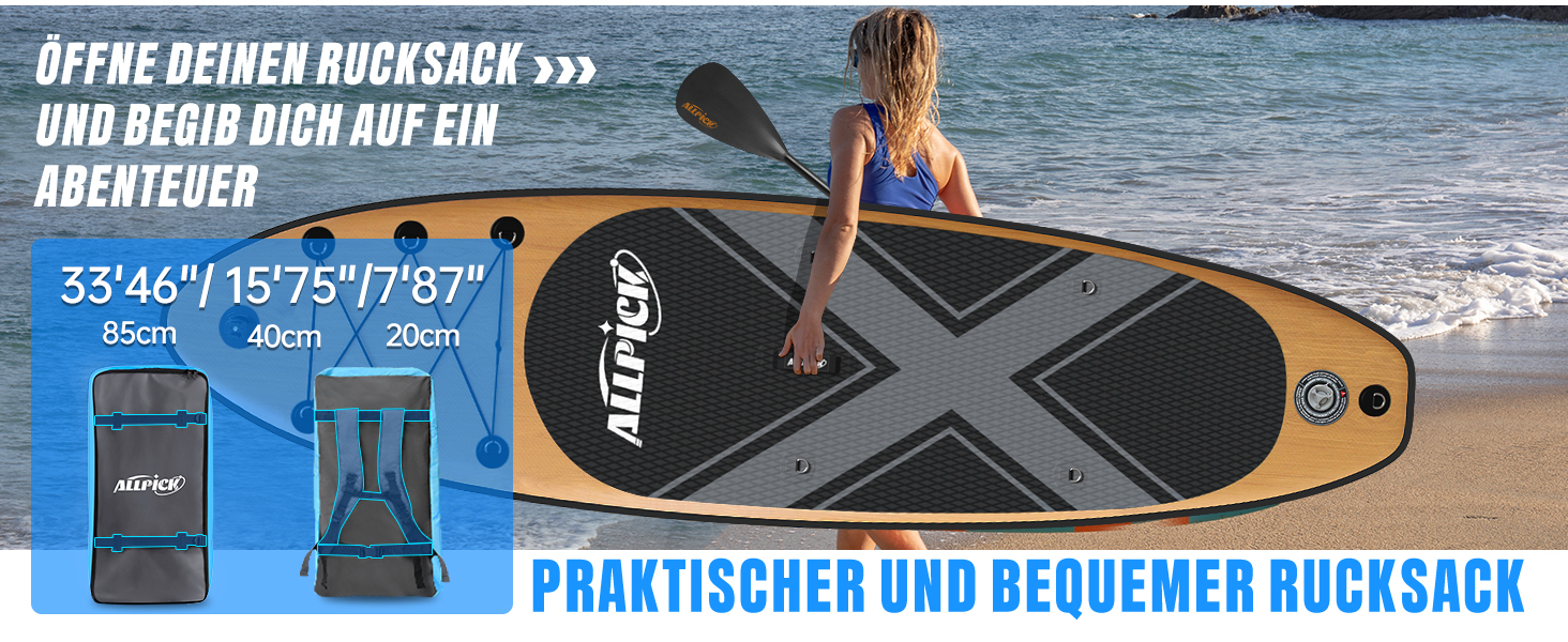 Надувний SUP Борд ALLPICK Premium з аксесуарами, тримачем для камери, регульованим веслом, для початківців та досвідчених, 200 кг, вінтажний дизайн з імітацією текстури дерева