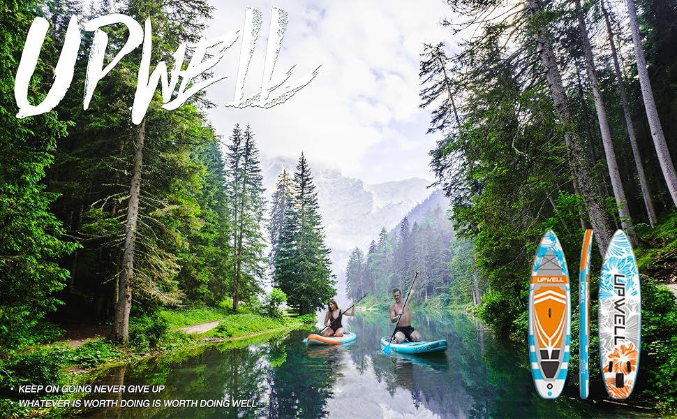 UPWELL Надувна SUP-дошка 320/335 см для дорослих і підлітків з преміум аксесуарами: рюкзак, 10 л гермомішок, 2-в-1 весло, страховочний лиш, ручний насос, плавці