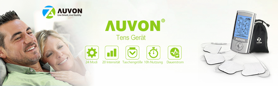 AUVON TENS пристрій: електростимулятор для зняття болю з 24 програмами, 2 канали та 10 шт. електродів преміум-якості