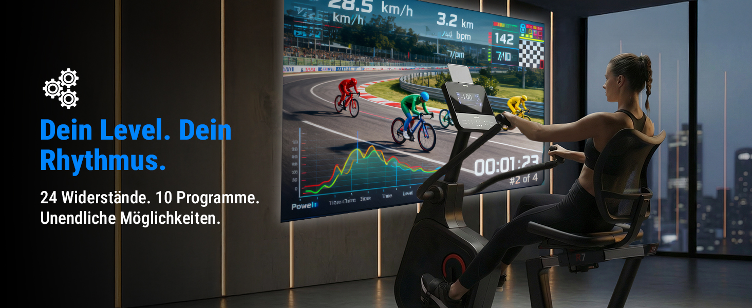 Велотренажер AsVIVA R7 Liegeergometer: Електричний, з сидінням та спинкою, 24 програми, 18 кг маховик, вимірювання пульсу