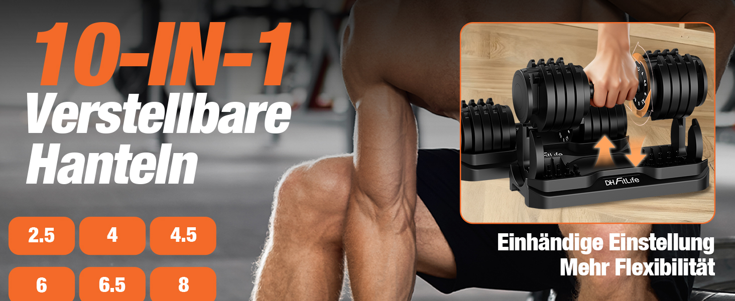 Набір регульованих гантелей DH FitLife 10 в 1 (12кг x 2), розбірні гантелі з 10 рівнями ваги від 2,5 до 12 кг