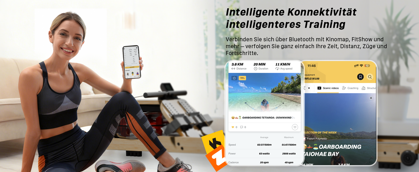 Гребний тренажер Aeriflo W200: Складний дерев'яний тренажер для дому з Bluetooth монітором та зручним сидінням