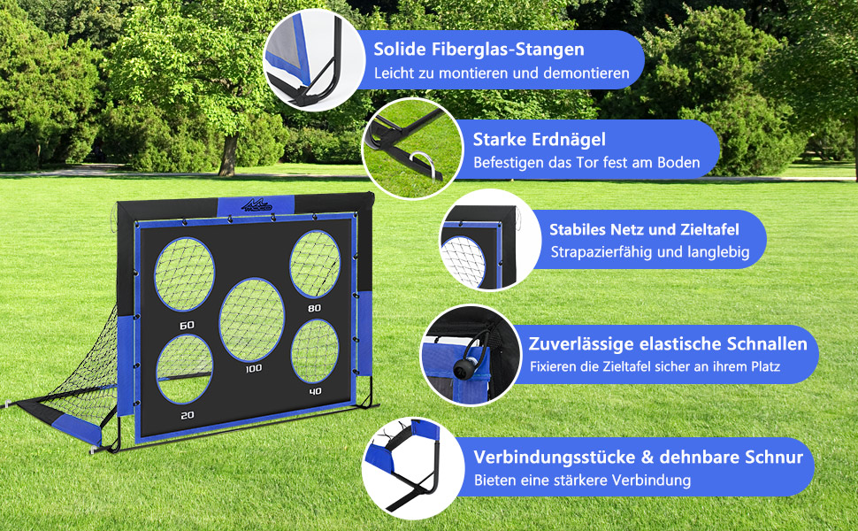 Ворота для футболу MoKo для саду, 150x120 см, велика розкладна сітка з мішенню, портативне обладнання для дитячих футбольних тренувань, спортивна гра на відкритому повітрі (Чорний+Синій)