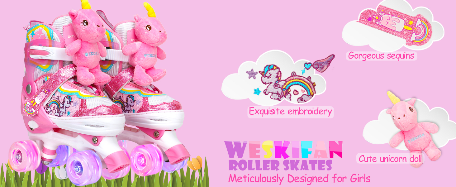 Дитячі ролики Kinder Einhorn для дівчаток, 4 розміри, регульовані, з підсвічуванням, ролики Quad для початківців, подарунок на Різдво/День народження (S(30~33), Рожевий)
