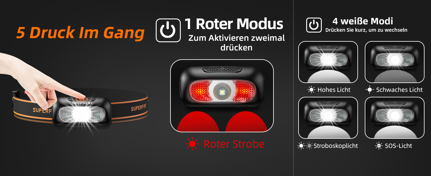 Налобний ліхтар SuperFire LED, 2 шт., перезаряджається USB, з червоним миготком, 5 режимів, регульований, для дорослих та дітей, біг, рибалка, кемпінг, водонепроникний, чорний