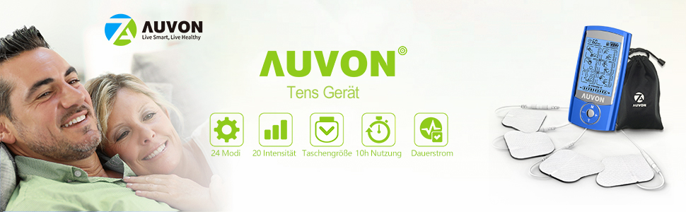 AUVON TENS Пристрій для електростимуляції, з 24 програми, 2 канали, 10 електродів, для зняття болю