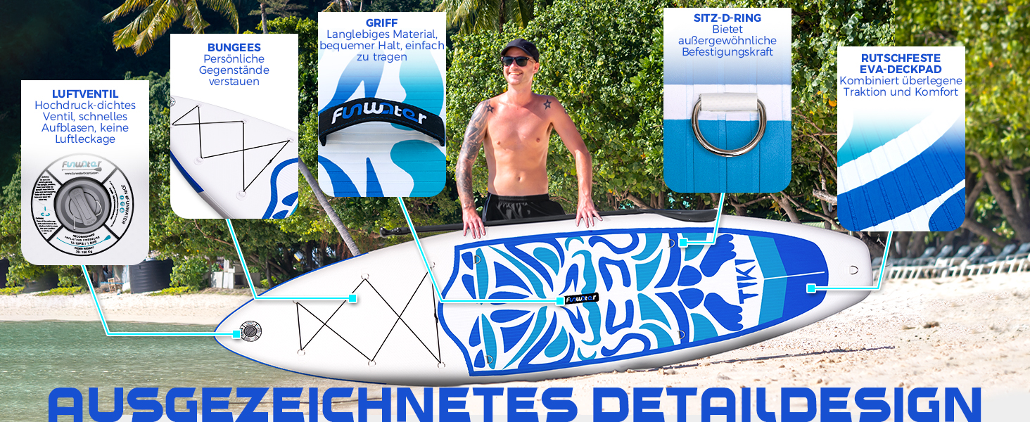 Надувний SUP-борд FunWater 10'6' та 11'6' з аксесуарами: весло, насос, рюкзак, плавники. Підходить для всіх рівнів підготовки. Рожевий та блакитний кольори.