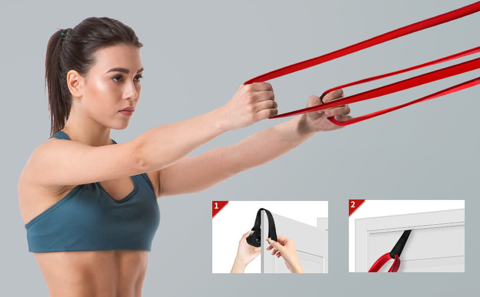 Набір еластичних стрічок для фітнесу AUVIM: 3 рівні опору для силових тренувань, розтяжки, калістеніки, кросфіту, пілатесу, йоги. У комплекті: дверний анкер та сумка для зберігання (блакитний, фіолетовий, червоний)