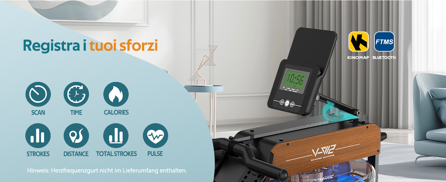 Веслувальний тренажер VOWVIT для дому, водний, складаний, з Bluetooth-монітором та регульованим тримачем для планшета, вантажопідйомність 160 кг
