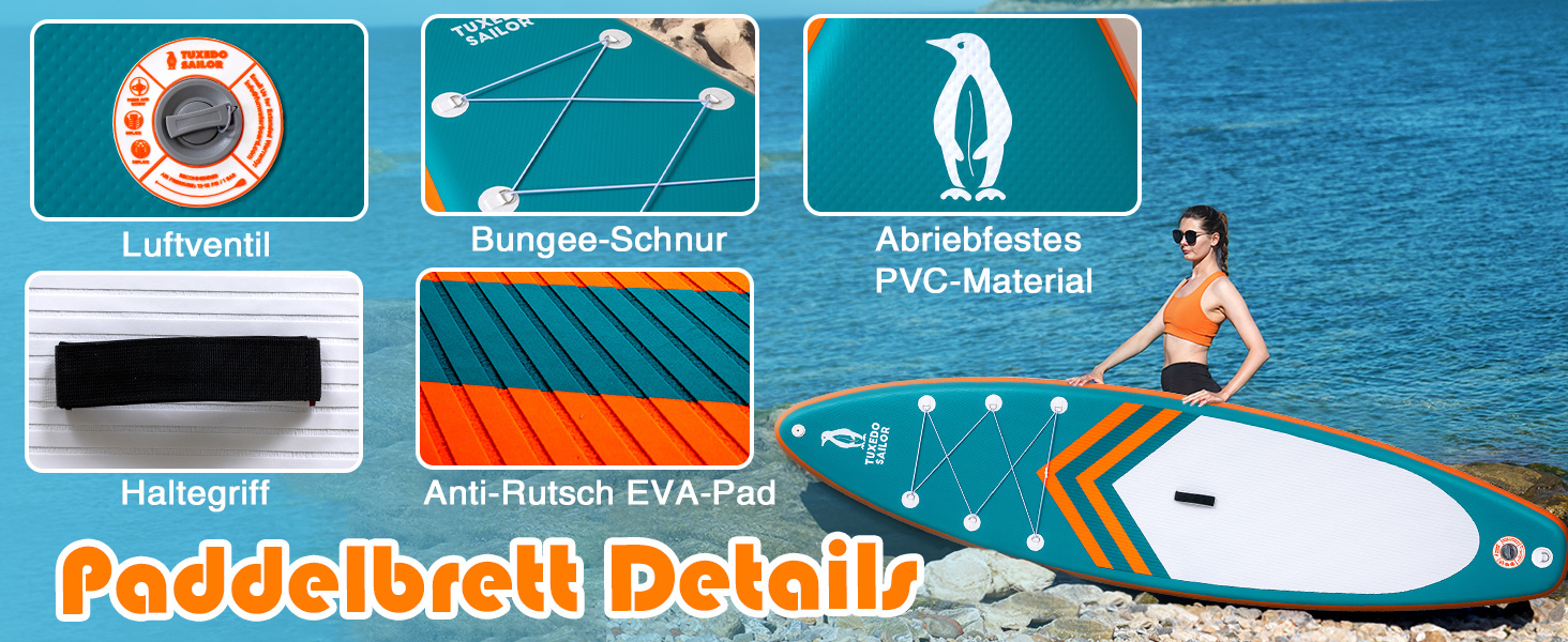 Надувний SUP борд Tuxedo Sailor Stand Up Paddle Board з аксесуарами, для дорослих та підлітків, блакитний та жовтий (зелений та помаранчевий)