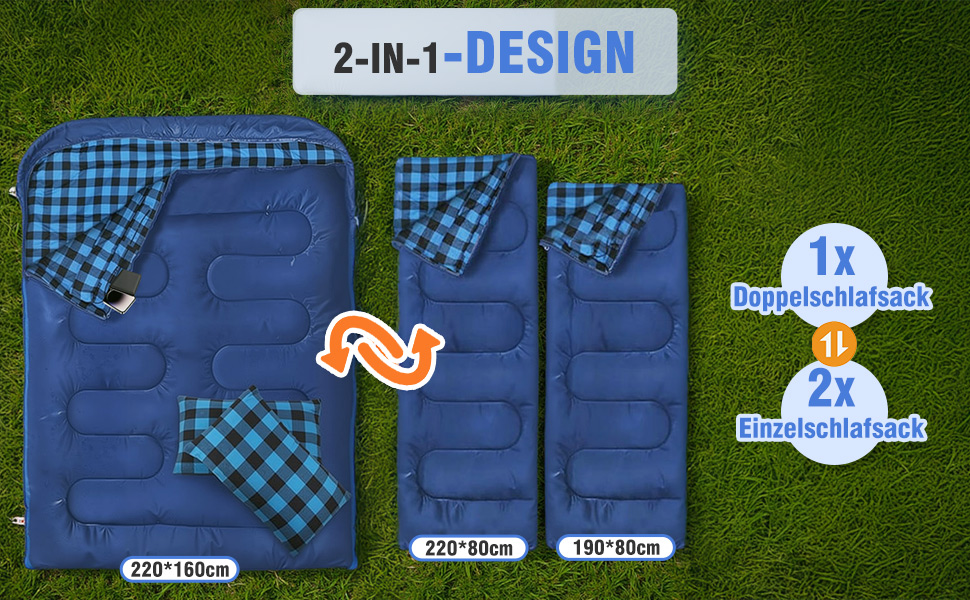 Спальний мішок для двох осіб з флянелі, 220 x 160 см, з двома блискавками, 2 подушки та сумка для перенесення, для дорослих, блакитний