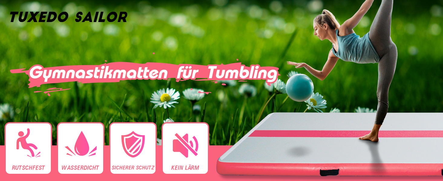 Гімнастичний надувний мат для гімнастики Tuxedo Sailor Airtrack, 400 x 100 x 10 см, рожевий. Надувний килимок для дому, спортзалу, челедансу, йоги. Електричний насос в комплекті.