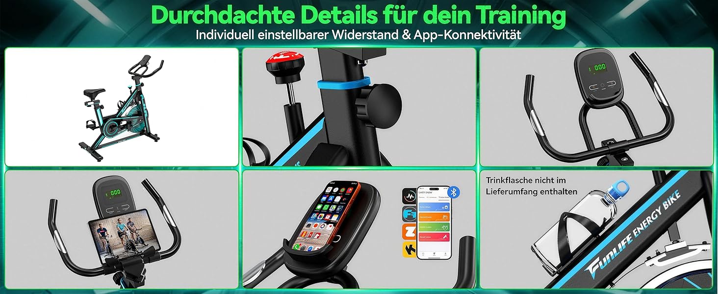 Велотренажер FunLife C1 з Bluetooth та App (FitShow, Kinomap), ремінний привід, плавний регулятор навантаження, регульоване сідло та кермо, до 120 кг, блакитний