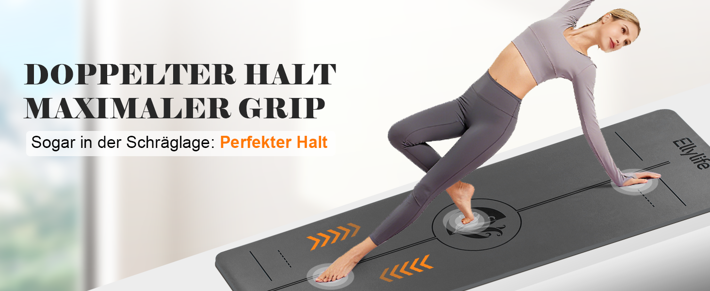 Протиковзкий килимок для йоги, пілатесу та фітнесу з еко-натурального каучуку та TPE, з лініями розмітки та ременем для перенесення, темно-сірий, 4 мм