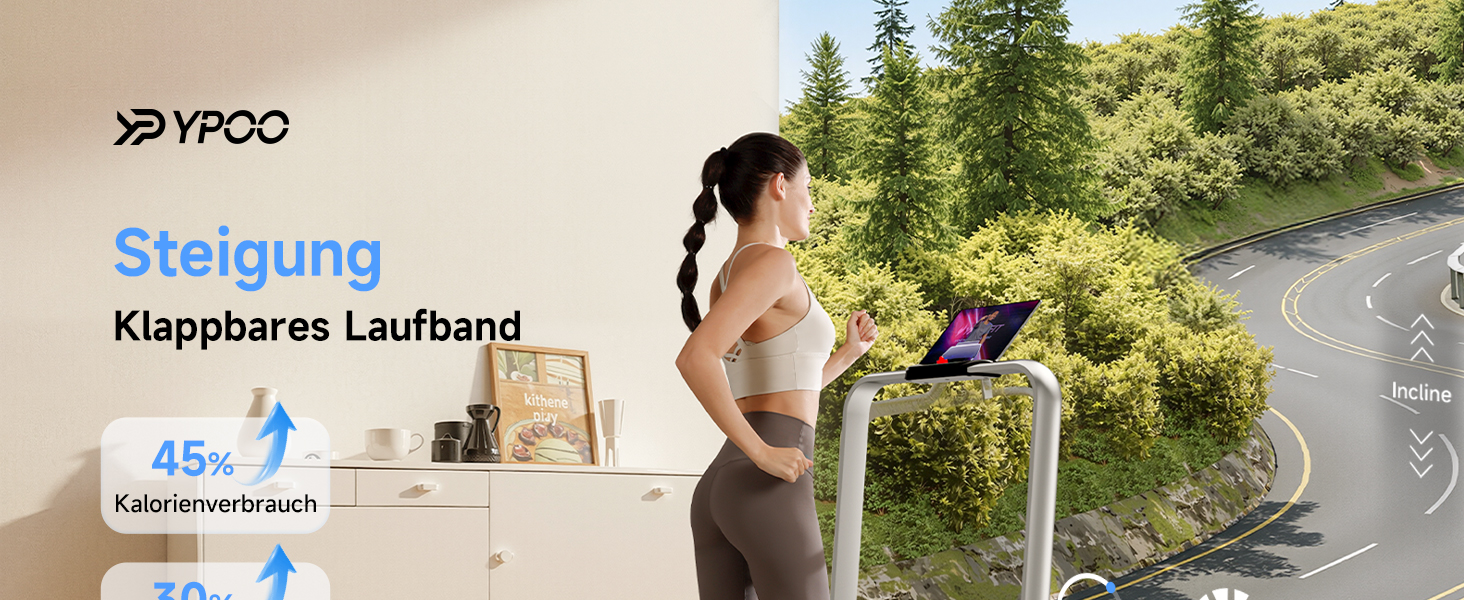 Лягувальне бігове полотно YPOO з регулюванням нахилу, 140 кг, тихе для дому/офісу, швидкість 0.8-8 км/год, з LED-дисплеєм, пультом та APP