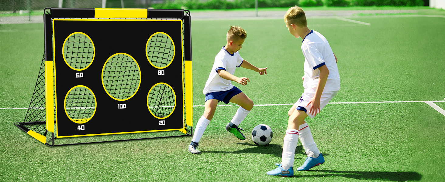 Дитячі воріта для футболу 2-в-1, 150х120 см, портативні та стабільні, з 5 цілями, 4 анкери та сумка, для саду, парку, пляжу (жовті)