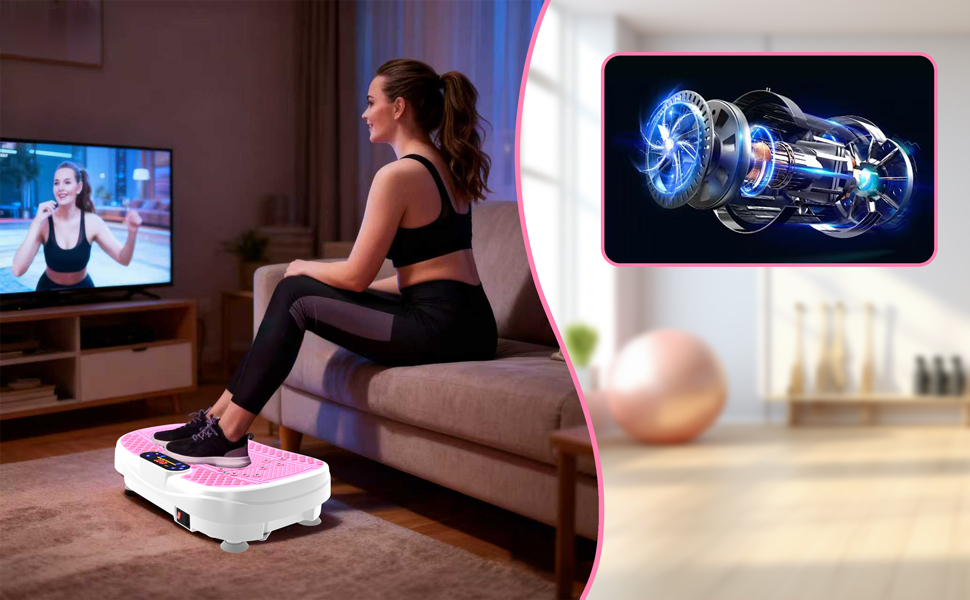 Вібраційна платформа для дому - ротаційна платформа з 120 рівнями та 5 режимами, з еластичними стрічками та пультом дистанційного керування, для спалювання жиру, нарощування м'язів та формування фігури, ідеальна для дому, домашнього спортзалу (Рожева)