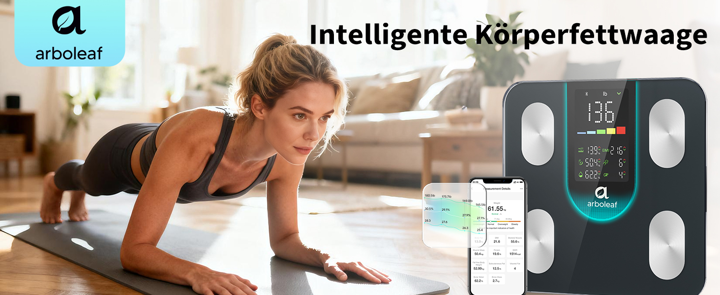 Вага Arboleaf для вимірювання жиру в тілі, аналіз складу тіла з LED-дисплеєм, Bluetooth, до 180 кг, чорний CS20L